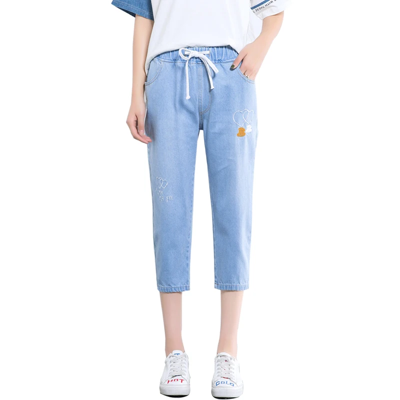 

Summer Cute Cartoon Embroidery Denim Girls Pants High Waist Cotton Student Calf-Length Pants Elastic Tie Waist Denim Hot Pants