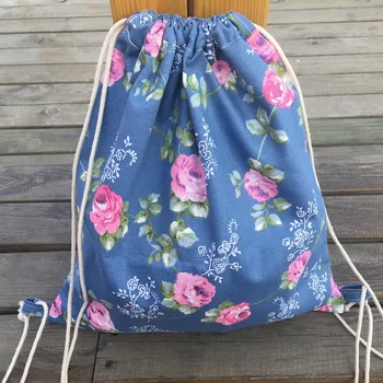

Cotton Canvas Eco Drawstring Backpack Book Bag Rose Flower Bud Blue Base YILE9318b