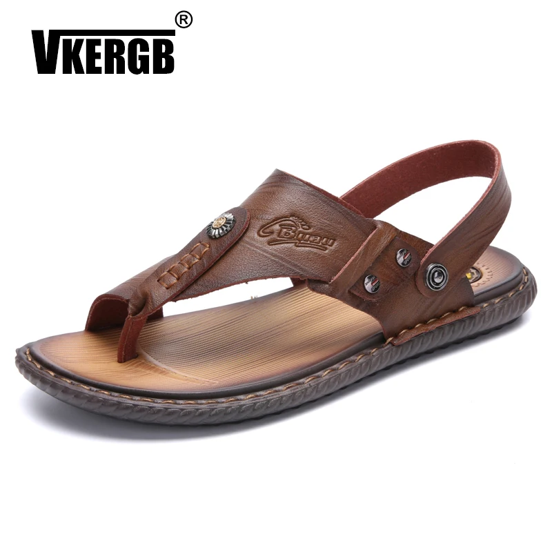 

VKERGB 2019 Hot Summer Sandals Men Slippers Brown Shoes Men'S Fashion Hollowed Genuine Leather Comfortable Footwear Soft Sandal