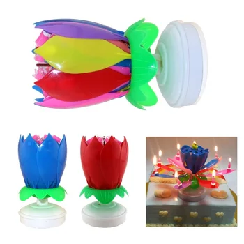 

6 Colors Candles Double Layer Rotating Musical Lotus Electronic Art Birthday Candles with Holder Gift for Kids Birthday