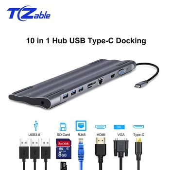 

USB HUB 10 in 1 Thunderbolt 3 Type C Adapter Dock 3 USB 3.0 Port 4K HDMI 1080P VGA RJ45 Ethernet 3.5mm Jack For Macbook Pro