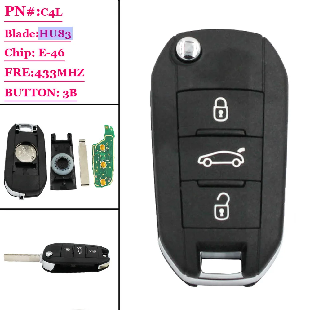

(1pcs ) replacement New 3 BUTTON Flip Remote Car Key Fob hu83 433MHz ID46 for Peugeot 208 308 508 3008 5008