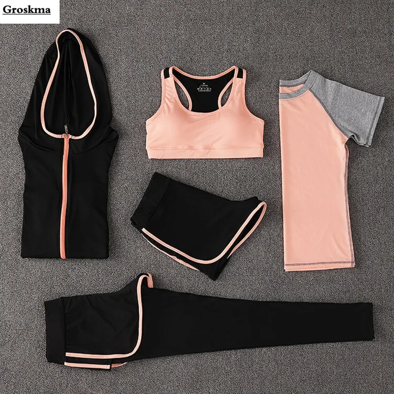 

Hot sale women quick dry 5 piece set coats+t shirt+bra+shorts+pants sports suit outdoor running fitness gym clothing yoga sets