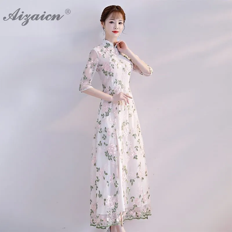 Современные новые кружевные розовые Длинные Cheongsam Chinoise тонкие Qi Pao женские традиционное китайское платье Qipao Восточный Стиль повседневные платья - Цвет: white