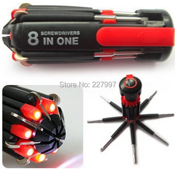 

100pcs/lot 8 In 1 Multifunctional Screwdriver Tools Set Tool Kit With 6LED Flashlight Powerful 6 LED Light Torch Free Shipping
