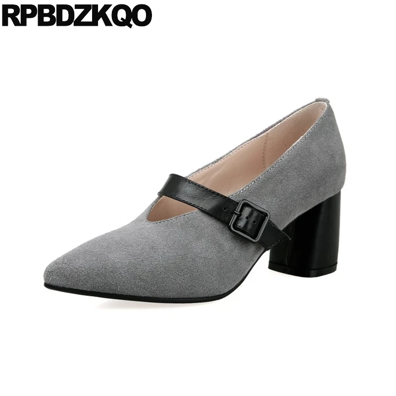 

Size 4 34 Work Office Strap Pointed Toe Ladies Medium Suede Genuine Leather Elegant Shoes Women Chunky 2017 High Heels Gray