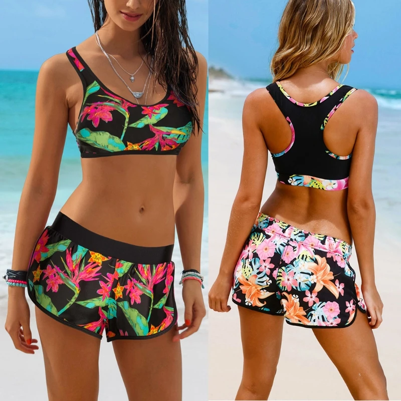 

Women Summer Push Up Sport Bra Low Waist Shorts Floral Print Two Pieces Swimsuit