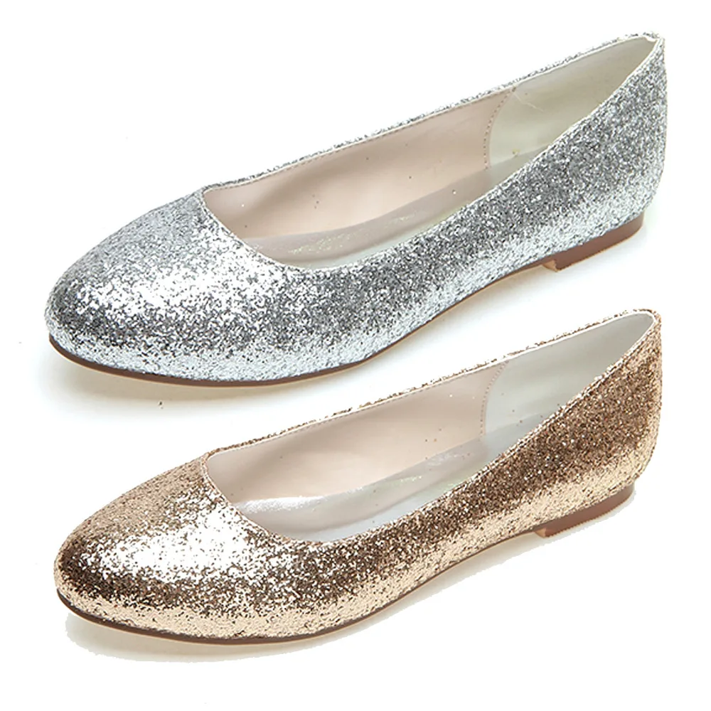 Fashion rounded toe woman glitter flats slip on shoes metallic silver