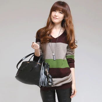 

V-neck Stitched Cashmere Sweaters Women Casual Knitted Autumn Winter Striped Pullovers
