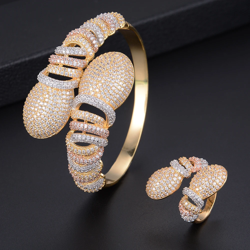 

Trendy Geometry Twist Hollow Three Tones Full Micro Cubic Zirconia Bracelet Bangle Ring Sets Dress Jewelry Sets