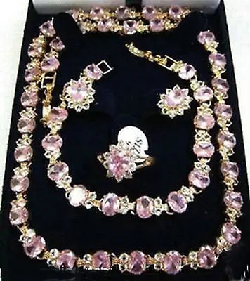 

Beautiful pink crystal necklace bracelet earring ring setAAA 18K GP Plated gold Bridal wide watch wings queen JEWE (A0503)