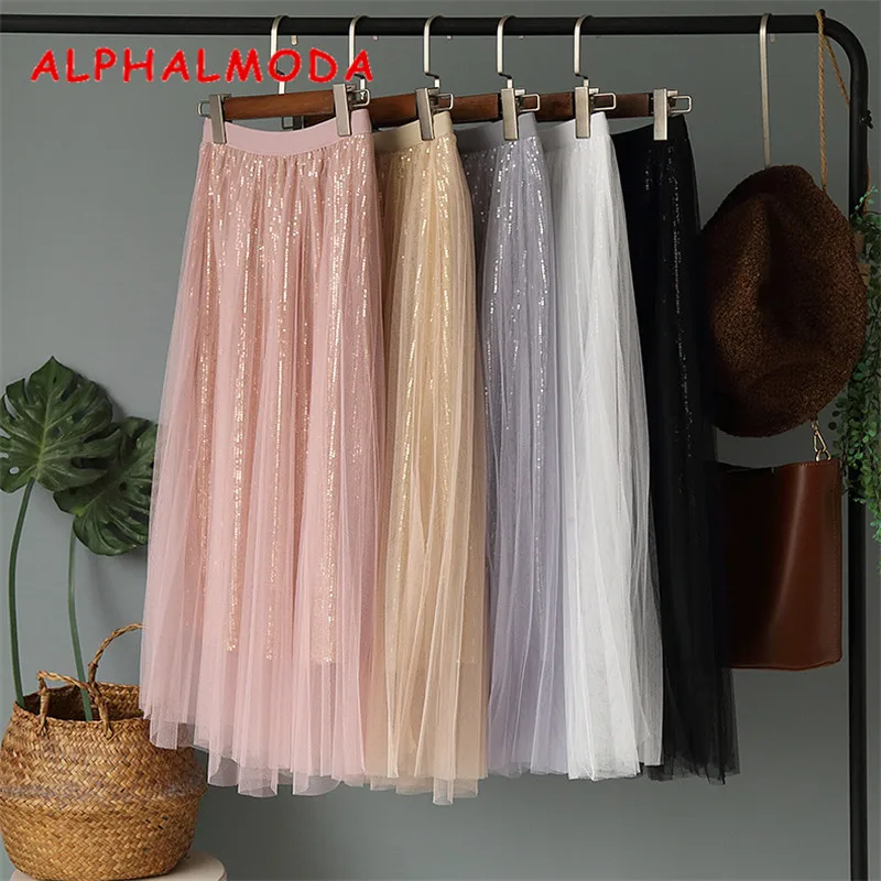 

ALPHALMODA 2019 Spring Maxi Skirt Fashion Sequined Gauze Skirts Solid Color High Waist Shining Sequins Stylish Trendy Skirt