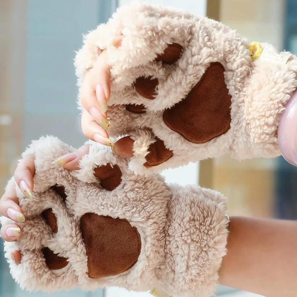 Зимние новые перчатки без пальцев пушистый медведь кошка плюшевая лапа коготь Половина пальцев перчатки мягкие наполовину покрытые женские перчатки варежки