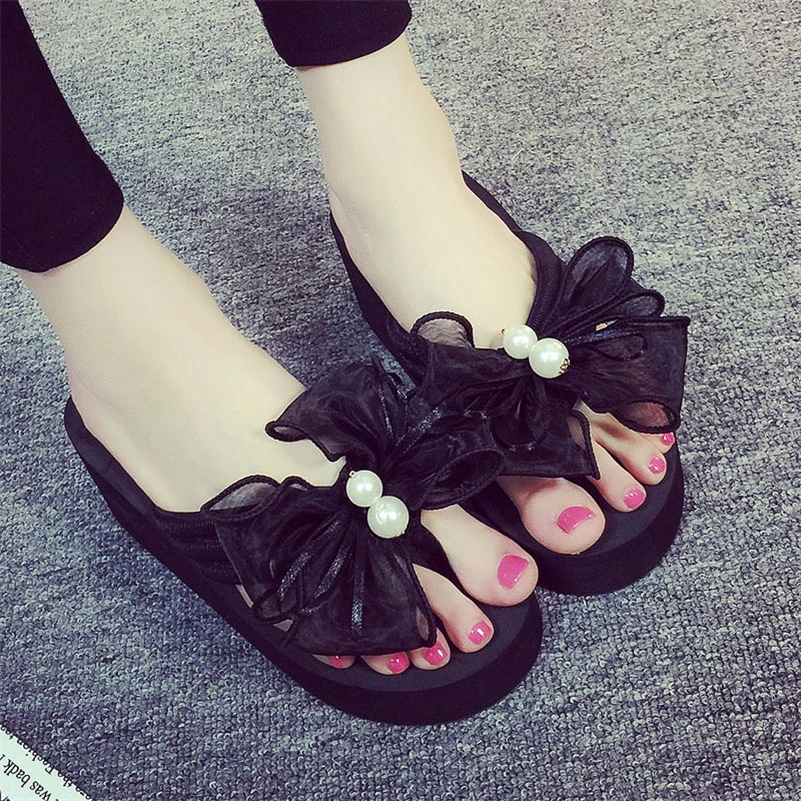 

2017 Unique Handmade DIY Bowknot Women's Slippers Sexy High Heels Sandals Pearl Flip Flops Summer Flats Wedges Beach Shoes Flop