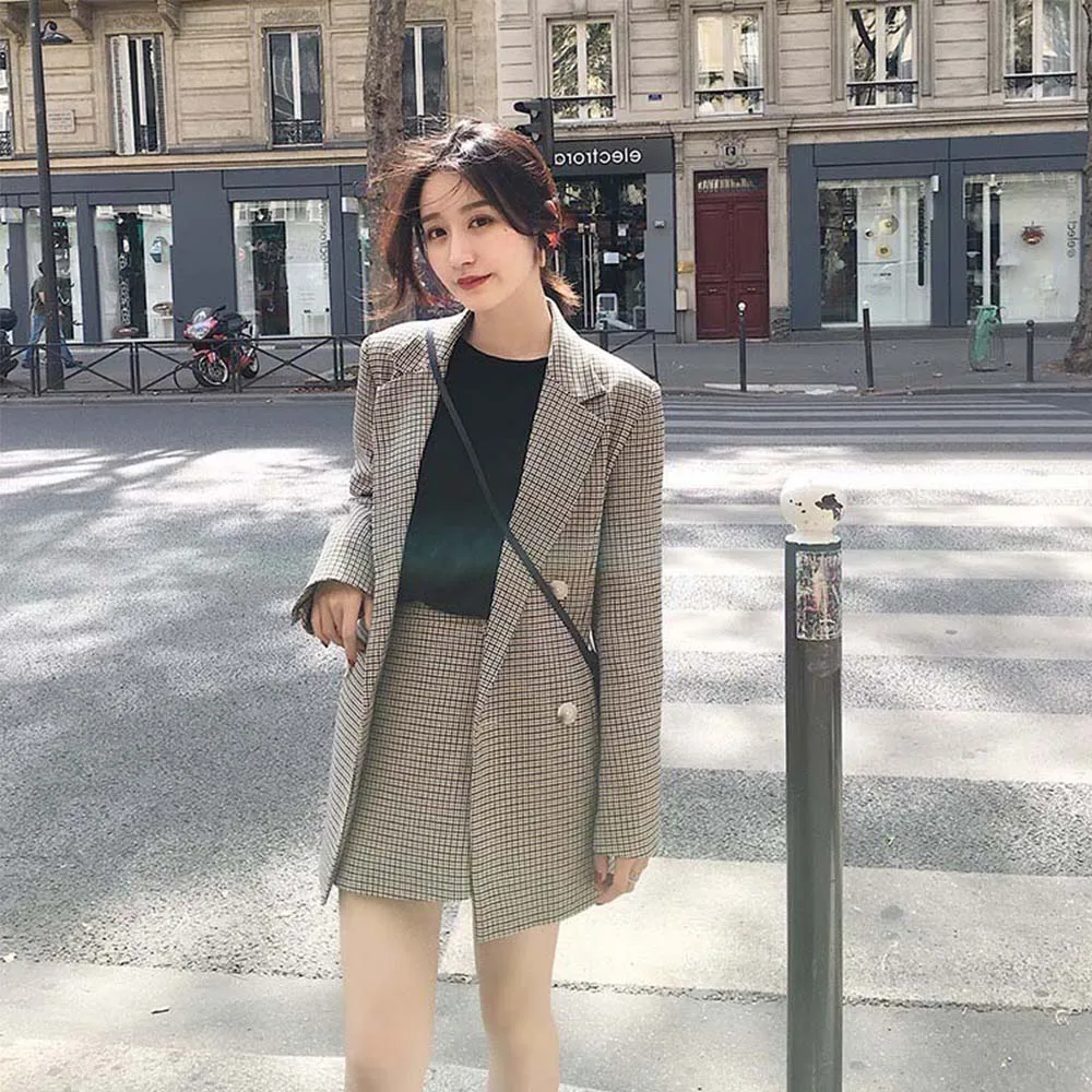 

Vintage Double Breasted Office Ladies Plaid Blazer Women Long Sleeve Loose Houndstooth Suit Female Jacket Women's Blazers 2019