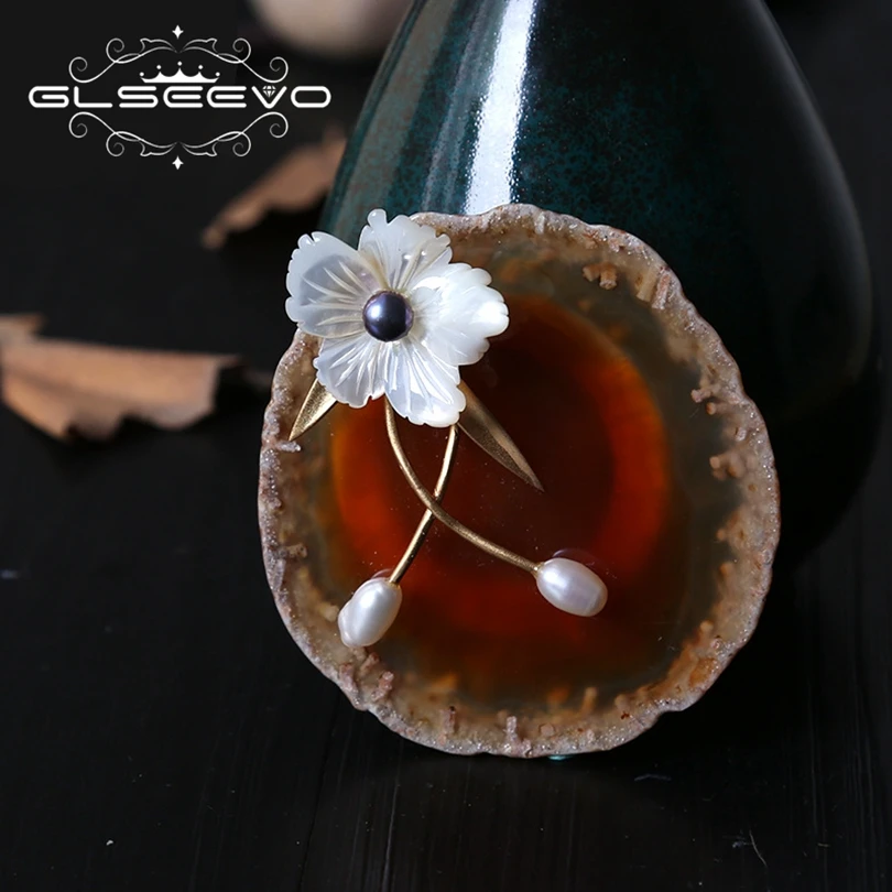 

XlentAg Natural Agate Fresh Water Pearl Brooch Pins Mother Of Pearl Flower Brooches For Women Dual Use Luxury Jewellery GO0192