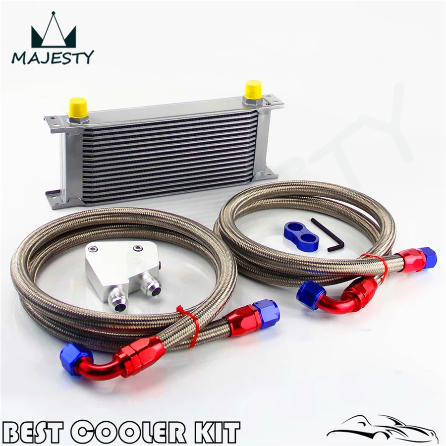 Universal 16 Row Engine Oil Cooler Kit + Sandwich Plate adapter Silver