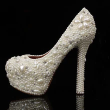 High Heel Bridal Wedding Dress Shoes 4 Inches Banquet Prom Shoes Beautiful Sweet Bling Bling Full Pearls with Sparkling Diamonds
