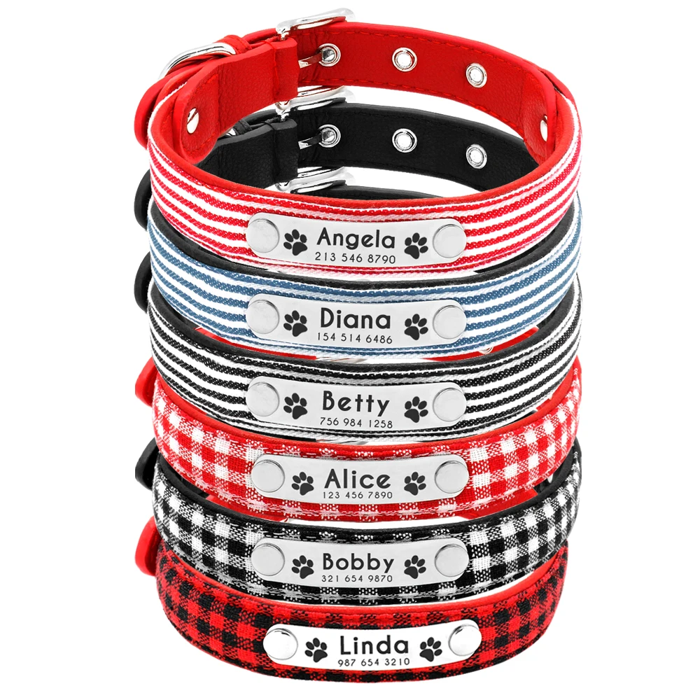 

Personalized Leather Dog Collar Strip Plaid Dogs Collars Customized Small Pet Collars for Small Medium Pet Pitbull Red Black