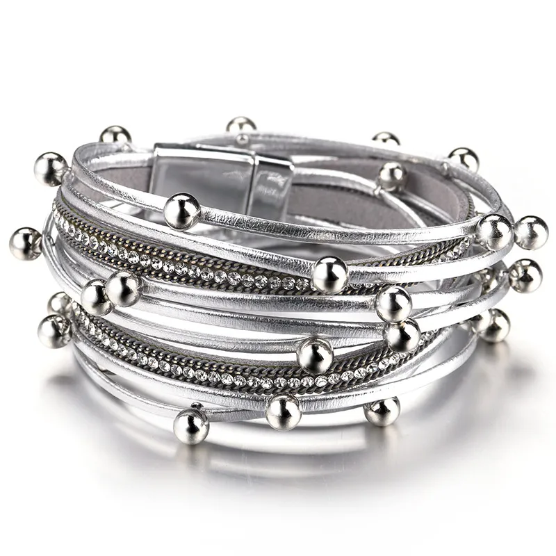 ALLYES/кожаные браслеты с принтом зебры для женщин, очаровательные Многослойные богемная накидка с металлическими бусинами и кристаллами, браслет, Женские Ювелирные изделия - Окраска металла: Silver