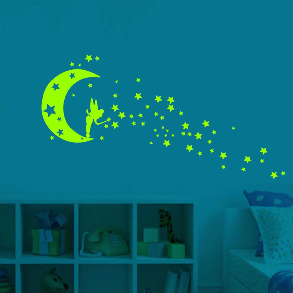 

New Kids Bedroom Fluorescent Wall Stickers Glow In The Dark Removable Self-adhesive PVC Stars Moon Angel Luminous Glow Sticker