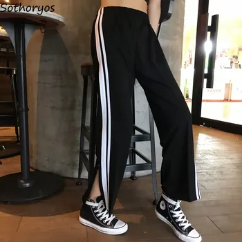 

Pants Women Striped Elastic Waist Leisure Wide Leg Pant Womens Simple All-match Chic Korean Style Soft Students Daily Harajuku