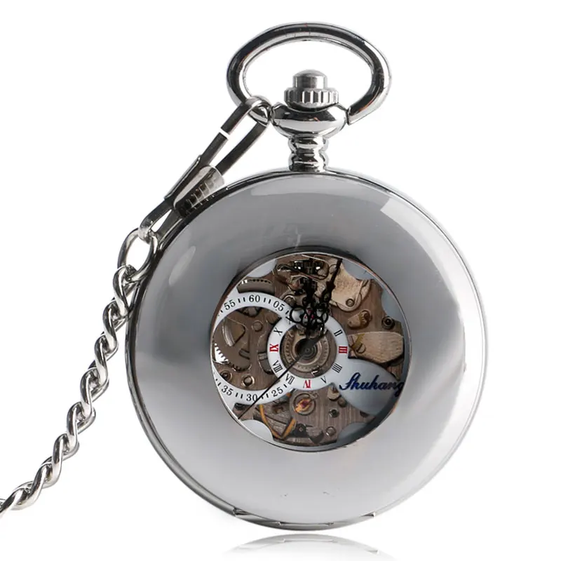 

Luxury Silver Smooth Roman Numeral Transparent Skeleton Half Hunter Automatic Mechanical Pocket Watch Chain Watches Men Gifts