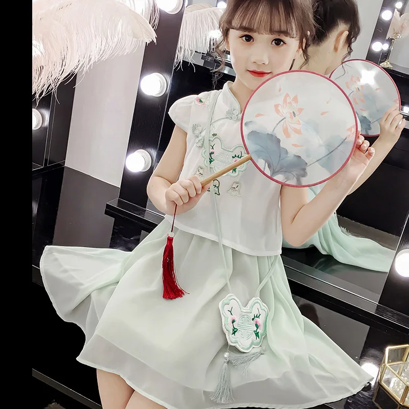 Новая юбка Hanfu для девочек летнее шифоновое детское платье Чонсам школьный танцевальный костюм одежда для косплея для девочек BL1796 - Цвет: Green