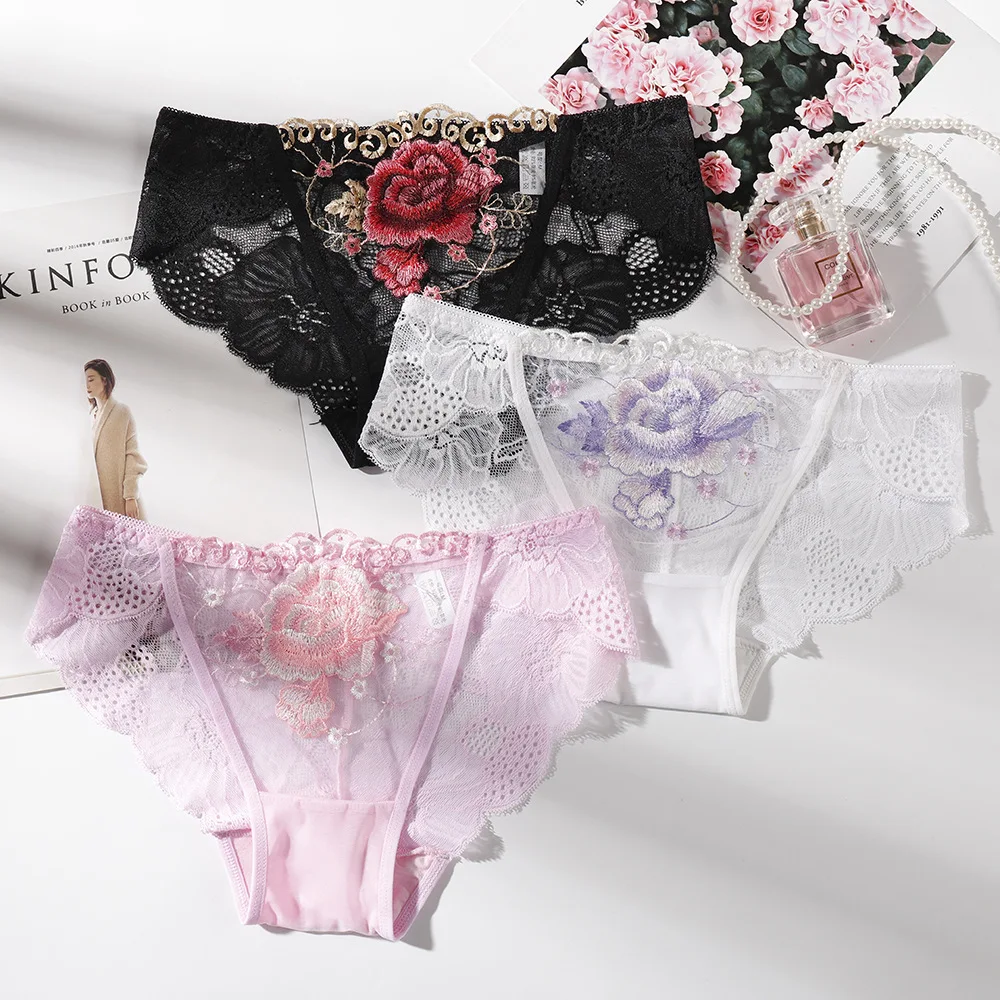 1PCS Sexy Lace Women's Transparent Seamless Embroidery Rose Comfortable Brief Intimate Female Briefs Cotton Underwear LZX-0057 |