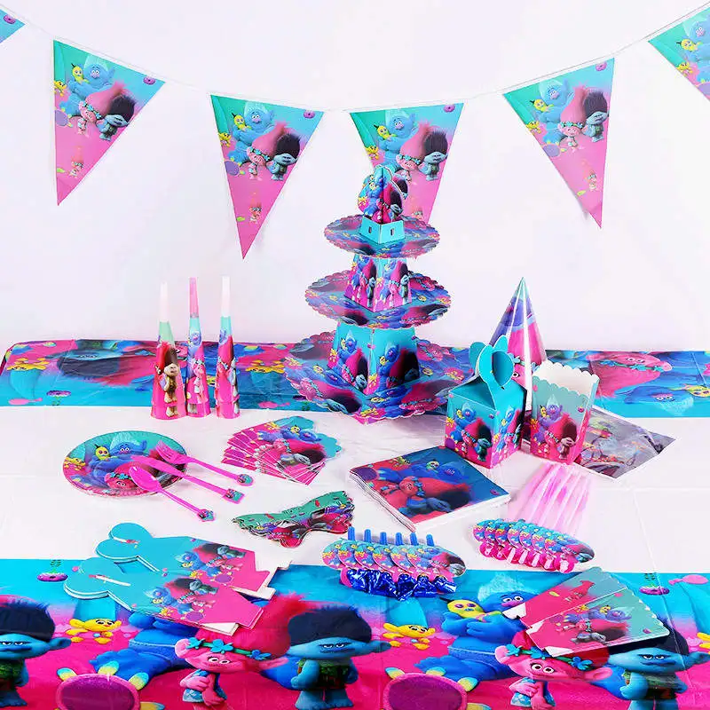 

Hot Sale 83Pcs Trolls Cartoon Theme Tableware For Children Birthday Party Decoration Paper Cup Plate Napkin Banner Horn Supply