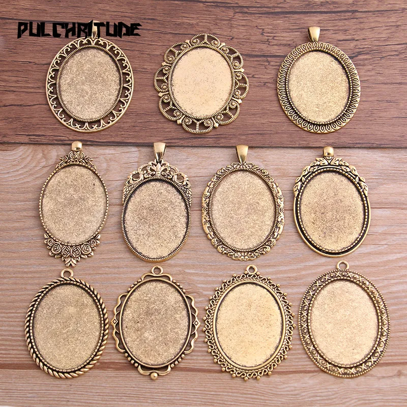 

2Pcs 30*40mm Inner Size antique God Plated 11 Style Big Oval Cabochon Base Setting Charms Pendant Necklace Findings