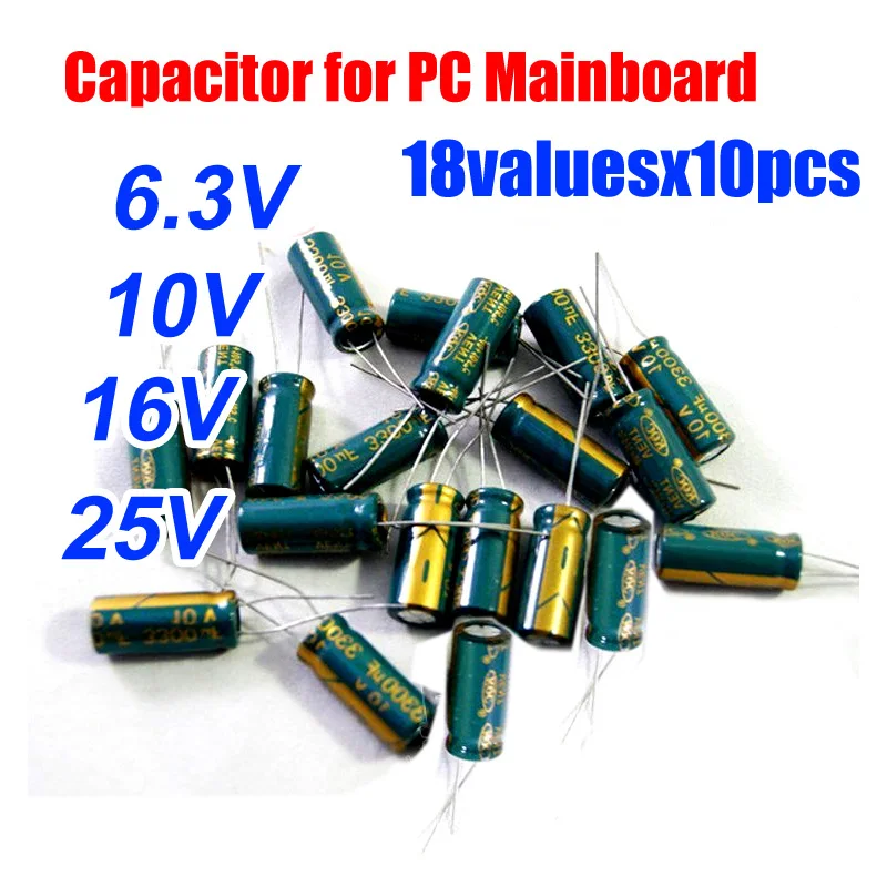

18valuesX10pcs=180pcs 6.3V/10V/16V/25V Aluminum Electrolytic Capacitor for PC Mainboard Assortment Kit