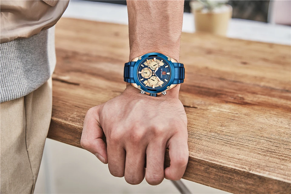 Топ бренд NAVIFORCE роскошные часы мужские модные спортивные кварцевые часы полностью стальные водонепроницаемые часы Relogio Masculino Синий Золотой
