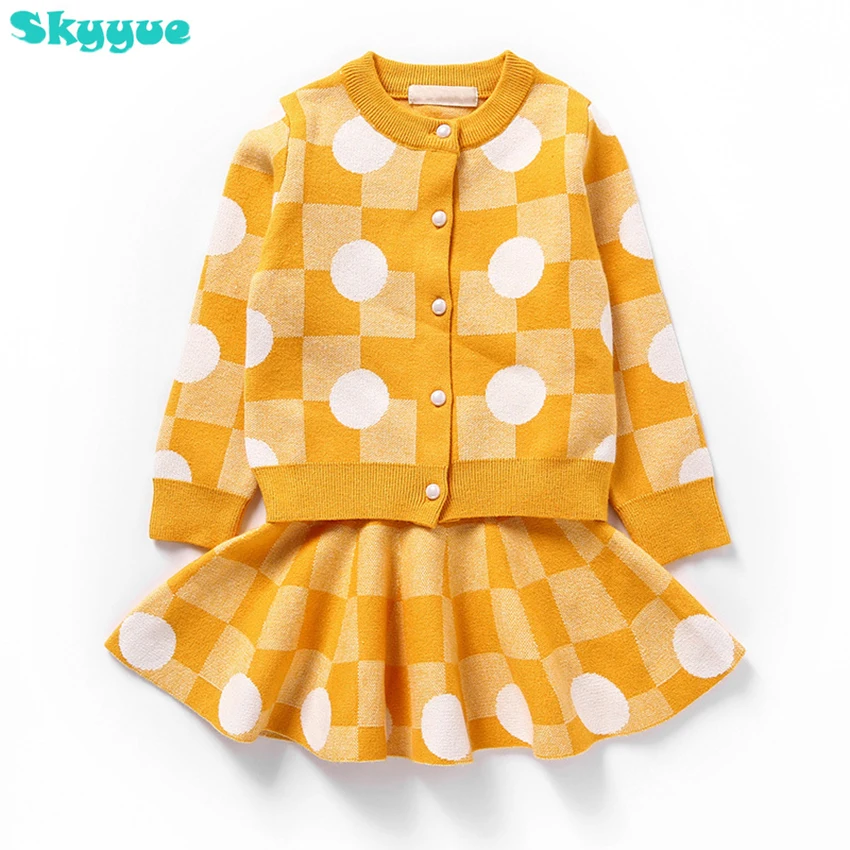 

Baby girl knitted dress 2 piece sets fashion palka dot girls knitted outfits sweater skirt+cardigan girls autumn set
