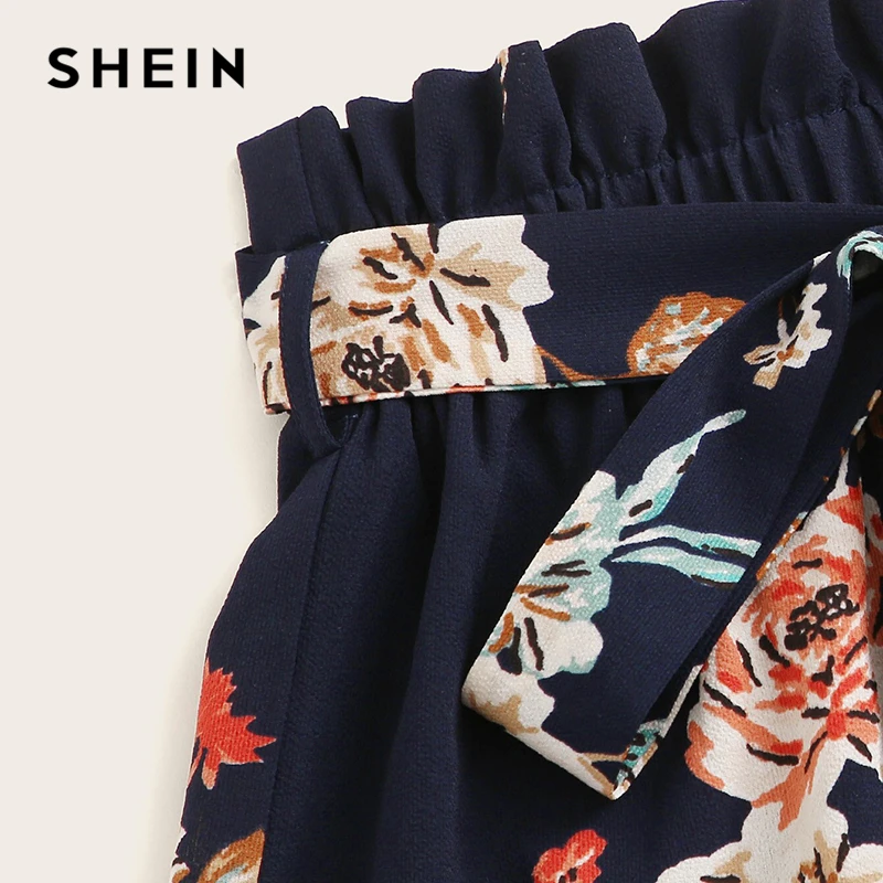 SHEIN шорты с цветочным принтом и поясом,, темно-синие, Boho, высокая талия, эластичная талия, женские свободные летние шорты