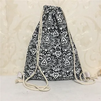 

YILE Cotton Canvas Drawstring Travel Backpack Book Shoes Bag White Black Heart Flower 8517-3