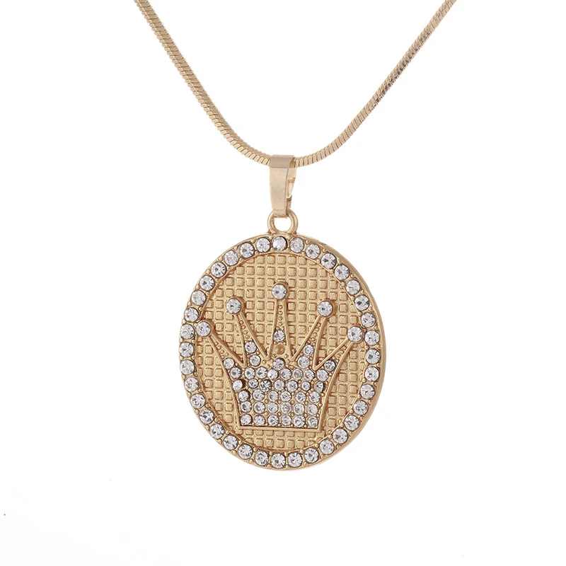 Стильное и изысканное ожерелье в стиле хип-хоп с кулоном в виде короны, золотого и серебряного цвета, очаровательные Стразы, ожерелье 70 см, длинная овальная цепочка