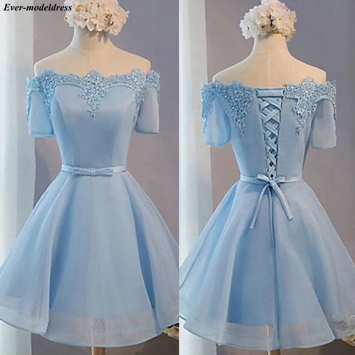 

Off Shoulder Sky Blue Graduation Dresses 2019 Short A-Line Sleeves Appliques Lace Up Back Homecoming Dresses Prom Party Gowns