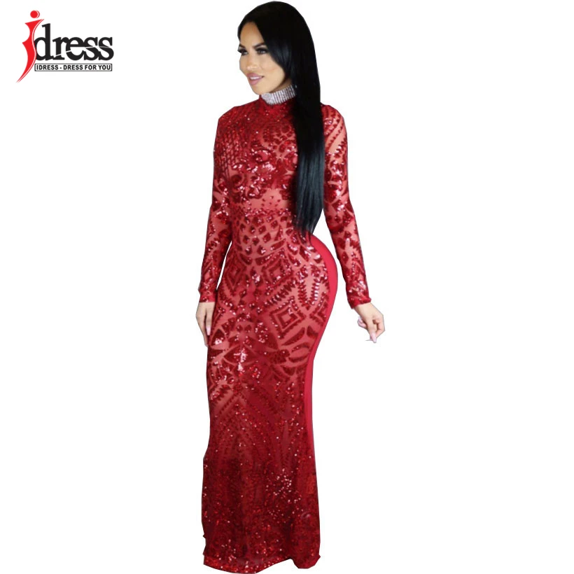 IDress 2018 Sexy Turtleneck Long Sleeve Sequined Party Dresses Floor Length Full Sleeved Bodycon Black Maxi Dress Evening Gown (6)