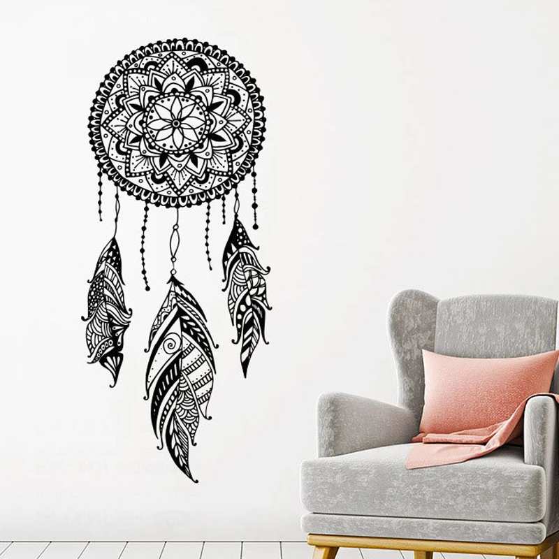 

Dream Catcher Wall Decal Feathers Night Symbol Wall Sticker Home Bedroom Decor Indian Mandala Bohemian Design Wall Mural LW147