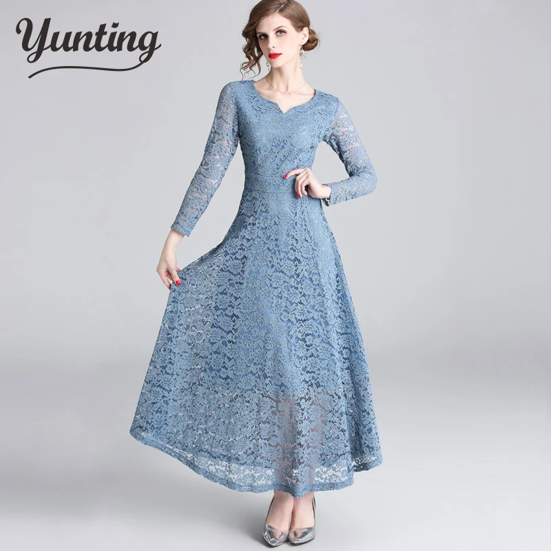 

High Quality Runway Blue Lace Dress 2019 Summer Women Long Sleeve V-Neck Hollow Out Crochet Slim Office Party Long Dress