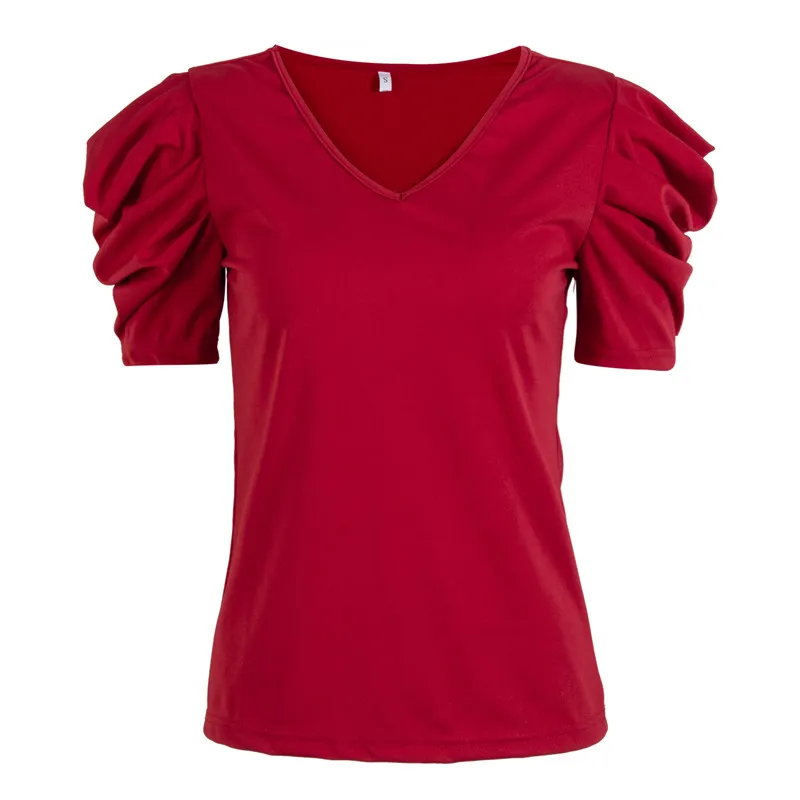 Новые женские летние однотонные футболки женские с коротким рукавом с v-образным вырезом красный сексуальный топ топы Уличная Повседневная тонкая футболка Топы - Цвет: Красный