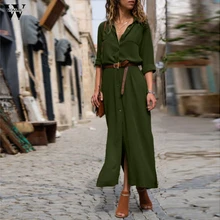 Горячая Распродажа зеленых рубашек, Женские однотонные повседневные свободные юбки с длинным рукавом и v-образным вырезом, женские осенние юбки-рубашки