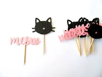 

glitter black Cat Cupcake Toppers,Meow Party, Cat Party Decor, Kitten girl birthday party cupcake toppers