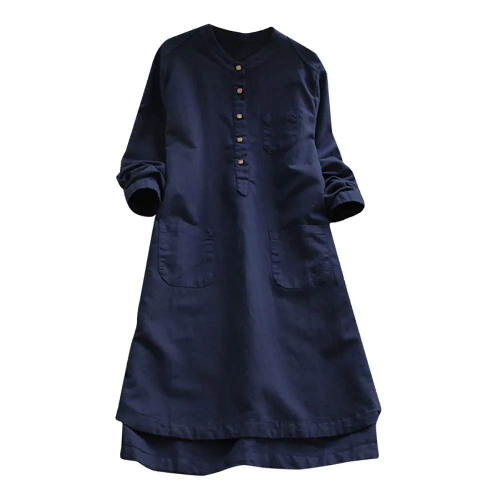 

2019 Spring Autumn Women Long Sleeve Cotton Linen Dress Mandarin Neck Pockets Buttons Mini Vestido Casual Shirt Dress Plus Size