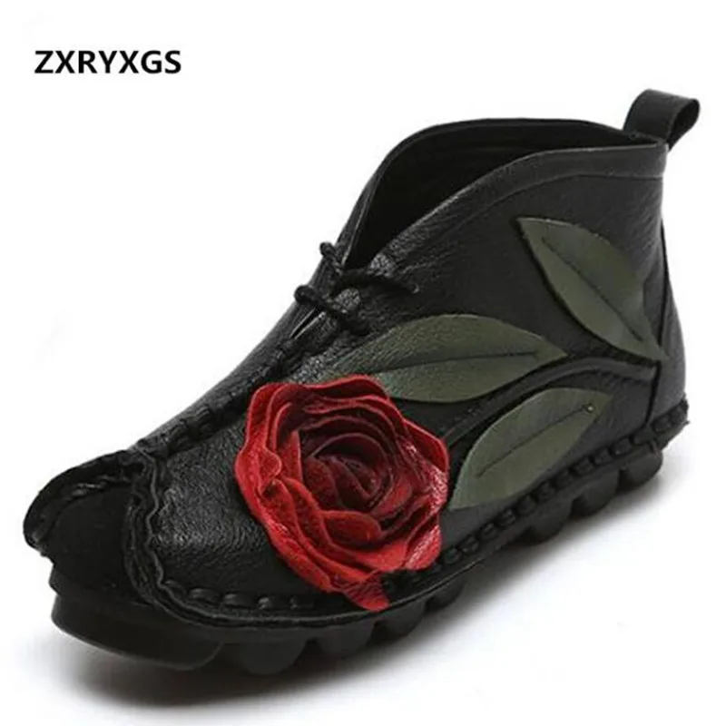 

2018 New Autumn Handmade Flower Women Boots Soft Bottom Comfortable Genuine Leather Boots Women Shoes Plus Vesvet Winter Boots