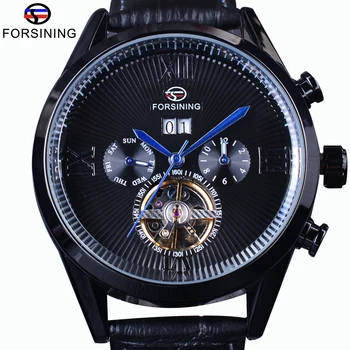 

Forsining Black Genuine Leather Blue Hands Steampunk Tourbillion Streamlined Dial Automatic Watch Mens Watches Top Brand Luxury