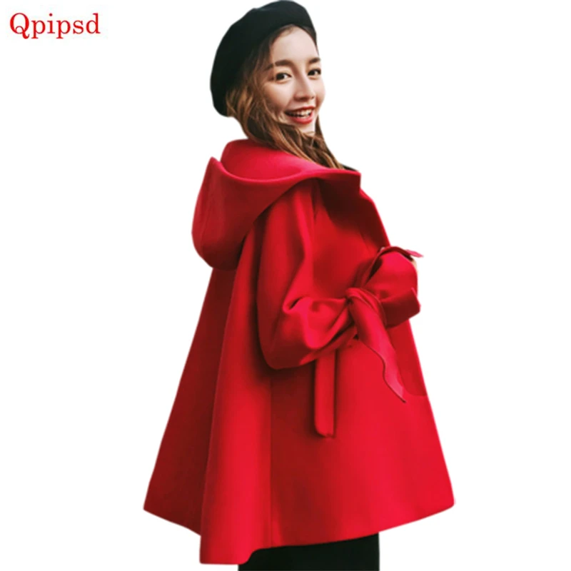 

Department Of Sen Line New Korean Women Winter Woolen Coat Thickened Hooded A Type Wool Ladies Short Coat Female Red Women Coat