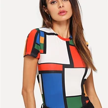 SHEIN модный разноцветный топ с геометрическим принтом, короткий рукав, круглый вырез, женская футболка, рукав реглан, облегающий пуловер, футболка