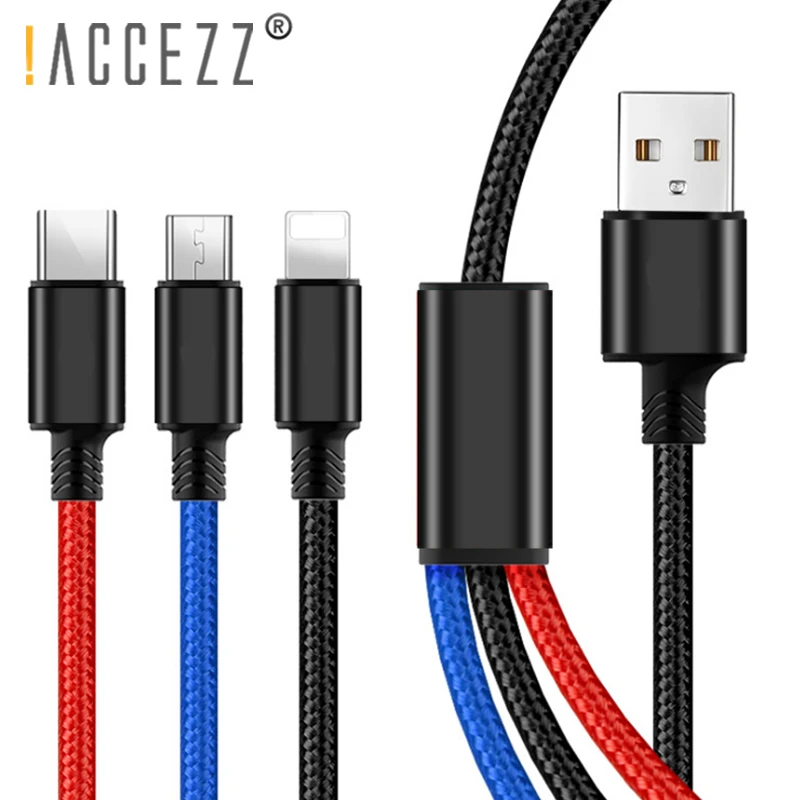 

!ACCEZZ Nylon Charging Cable 3 in 1 Lighting Micro USB Type C For iPhone X 7 8 6 Plus For Samsung Xiaomi 5 Fast Charge Cord Line